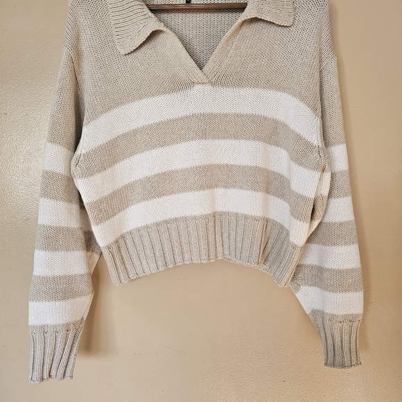 Quince Organic Cotton Striped Collared Cropped Sweater M Beige White Minimalist - Picture 3 of 8